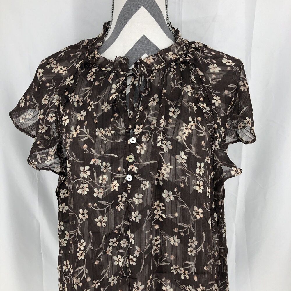 H & M Brown Floral Tie Neck Short Flutter Sleeve Sheer Blouse 14